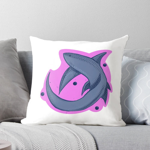 Thresher shark-themed plush pillow in pink, blue, and grey colors