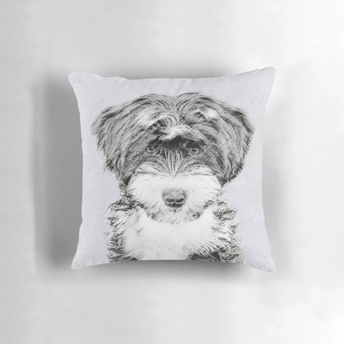 Adorable portrait of a Tibetan Terrier dog printed on a soft, high-quality pillow