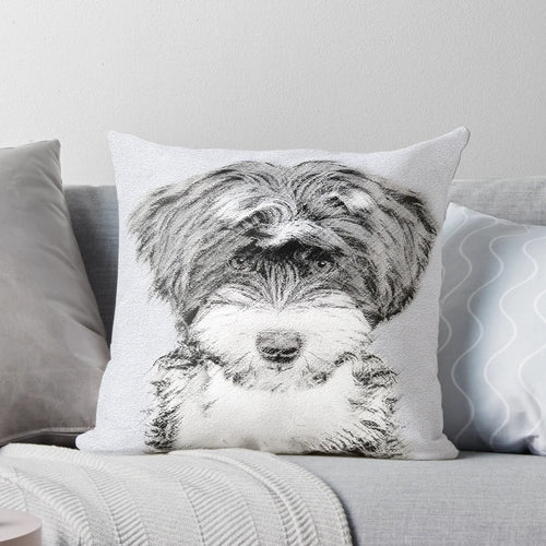 Adorable portrait of a Tibetan Terrier dog printed on a soft, high-quality pillow