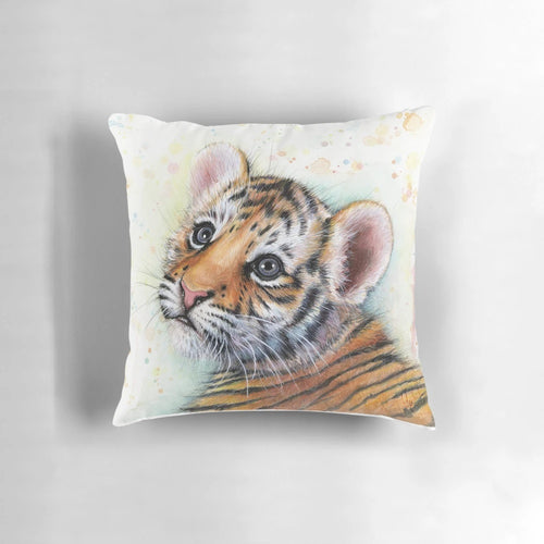 Vibrant watercolor painting of a cute baby tiger cub, perfect for a children's nursery or playroom