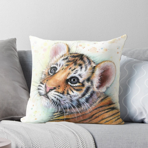 Vibrant watercolor painting of a cute baby tiger cub, perfect for a children's nursery or playroom