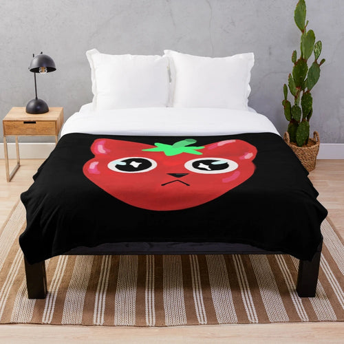 A cozy and cuddly plush blanket featuring an adorable tomato-shaped cat design