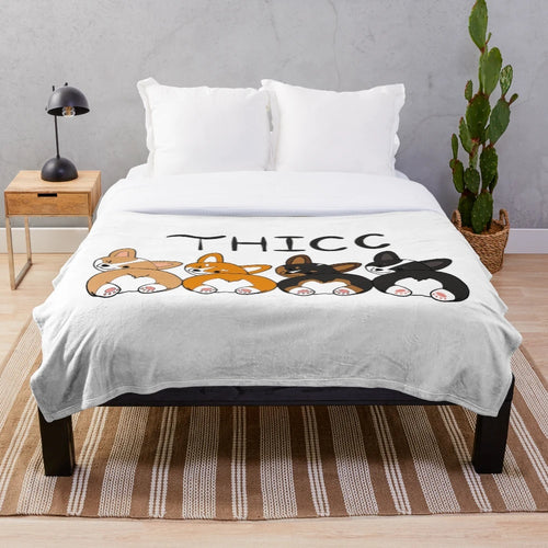 Thicc Corgis Plush Blanket featuring a hand-drawn tricolor corgi design