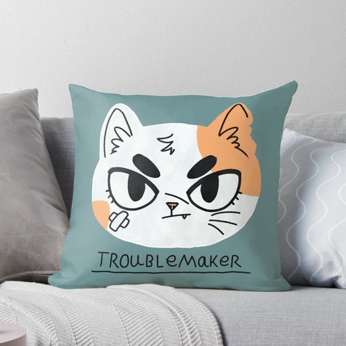 An anime-inspired decorative cat throw pillow featuring a simple, traditional gouache cat face design.