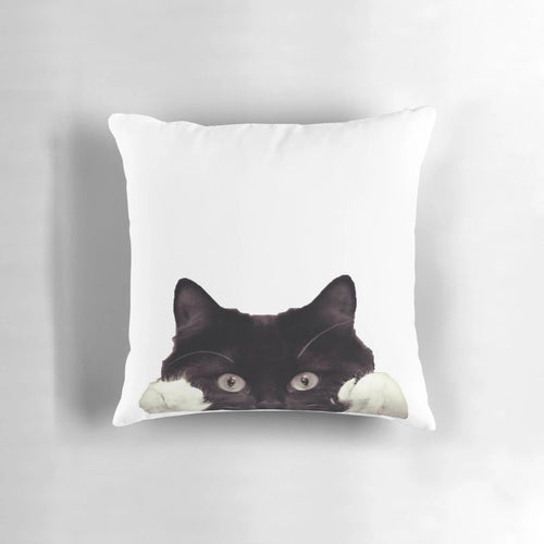 Cute black and white tuxedo cat peeking out from a cozy pillow