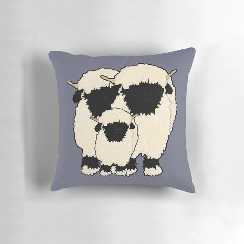 Fluffy black nose sheep trio in a rural family farm setting, featured on a soft and cozy pillow