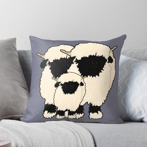 Fluffy black nose sheep trio in a rural family farm setting, featured on a soft and cozy pillow