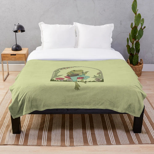 Cute vintage-style plush blanket featuring a frog playing a banjo on a mushroom, embodying a cottagecore aesthetic