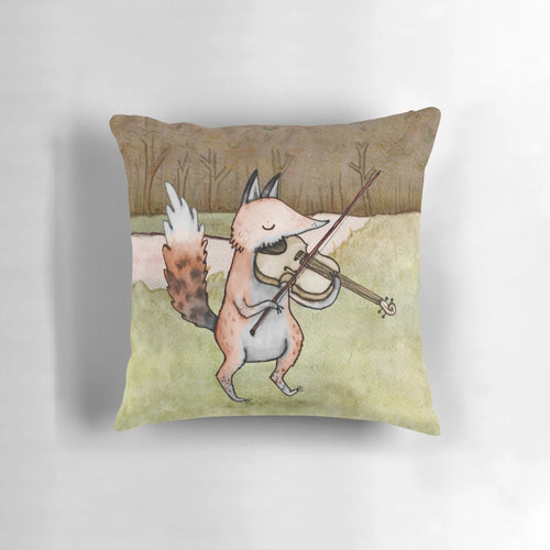 Illustration of a cute, ink-drawn violin playing fox on a plush pillow