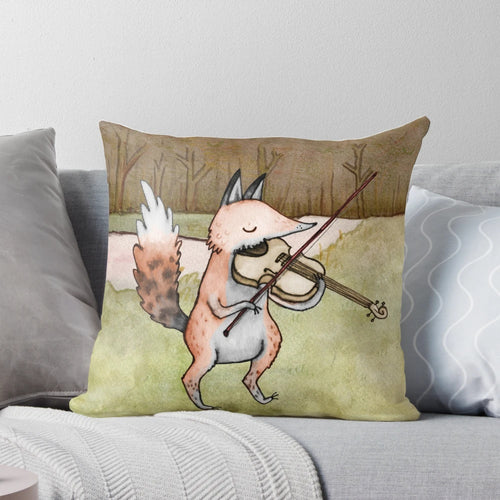 Illustration of a cute, ink-drawn violin playing fox on a plush pillow