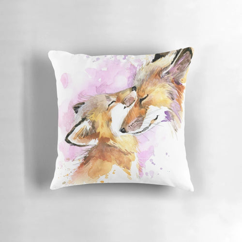 Watercolor painting of a pink fox mother and her cub