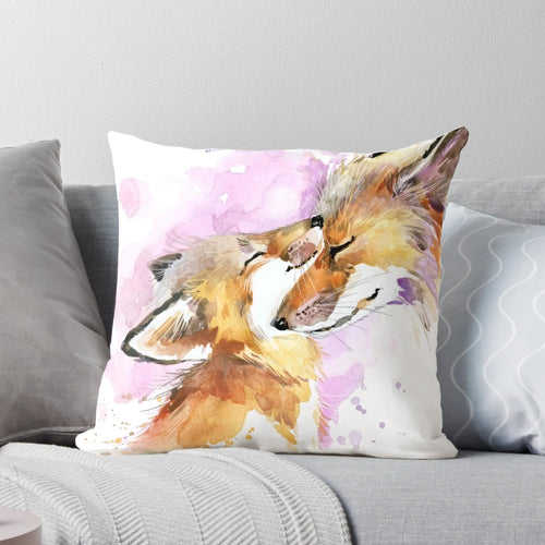 Watercolor painting of a pink fox mother and her cub