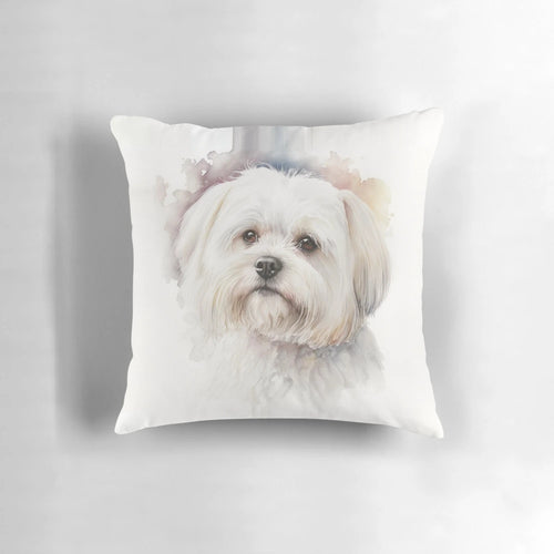Watercolor illustration of a cute and adorable Maltese dog on a decorative throw pillow.