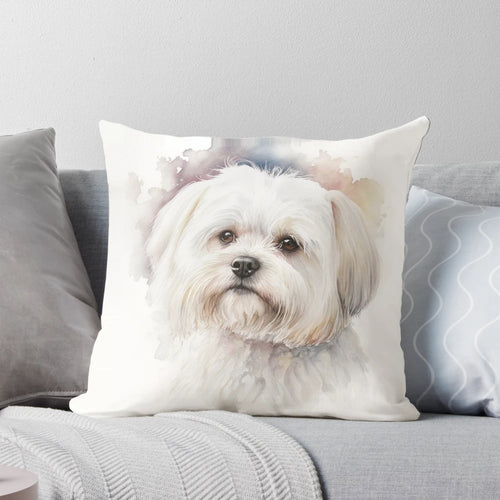 Watercolor illustration of a cute and adorable Maltese dog on a decorative throw pillow.