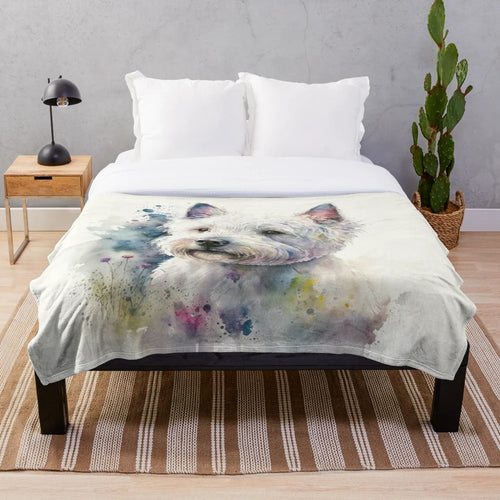 Watercolor west highland white terrier dog on a plush blanket