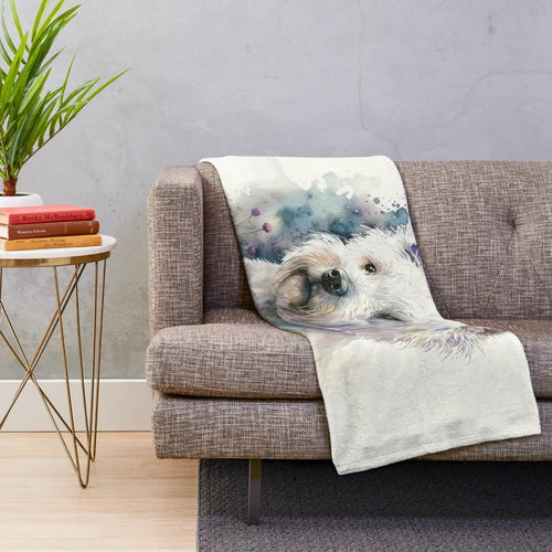 Watercolor west highland white terrier dog on a plush blanket