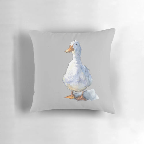 Whimsical white duck illustration in a watercolor and ink drawing style on a soft, plush pillow.