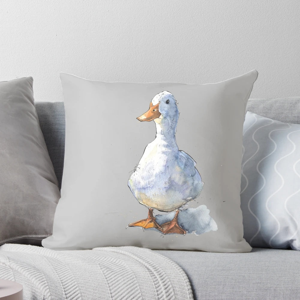 Whimsical white duck illustration in a watercolor and ink drawing style on a soft, plush pillow.