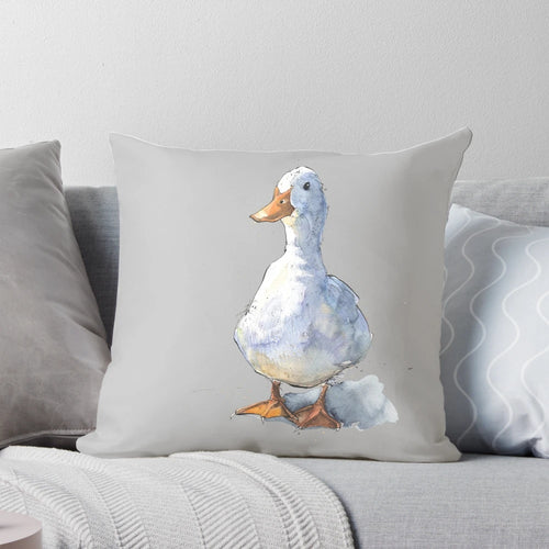Whimsical white duck illustration in a watercolor and ink drawing style on a soft, plush pillow.