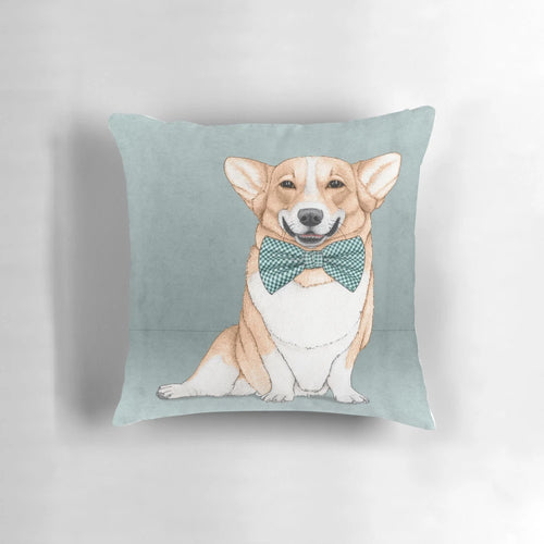 Soft and cuddly Welsh Corgi dog pillow with a sweet smile and vintage bow tie