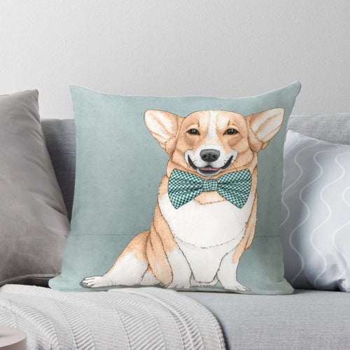 Soft and cuddly Welsh Corgi dog pillow with a sweet smile and vintage bow tie