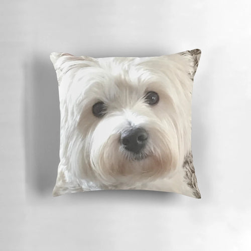 Soft, fluffy white Westie dog on a plush pillow, a perfect pet portrait accent for your home.