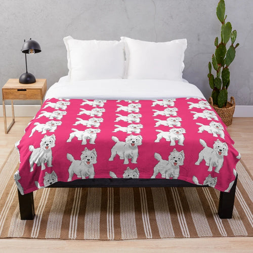 Soft, fluffy Westie plush blanket featuring a smiling West Highland White Terrier