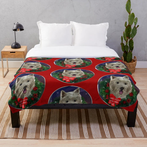 Cozy westie plush blanket with festive design