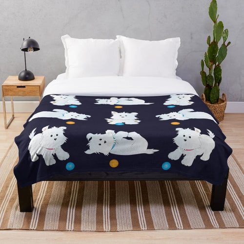 Cute hand-drawn Westie puppy playing on a plush, colorful blanket