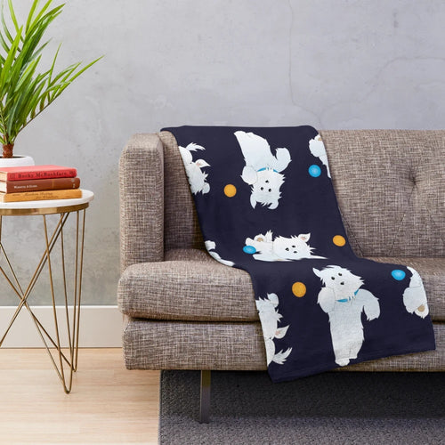 Cute hand-drawn Westie puppy playing on a plush, colorful blanket
