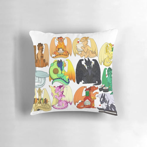 Soft, plush pillow featuring cute chibi dragons from the Wings of Fire book series, surrounded by delicious food items like chocolate, pineapple, and sushi.