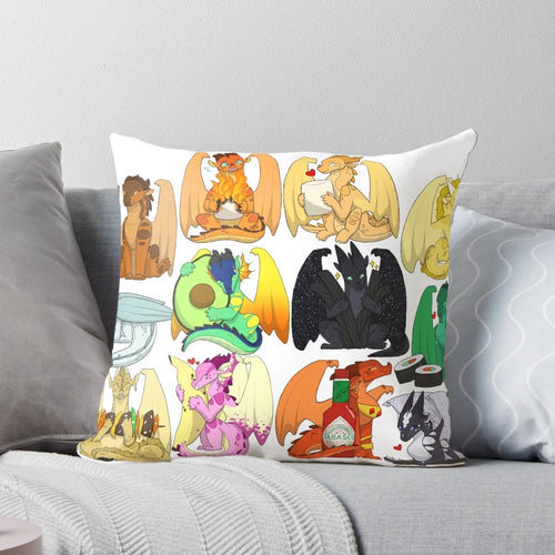 Soft, plush pillow featuring cute chibi dragons from the Wings of Fire book series, surrounded by delicious food items like chocolate, pineapple, and sushi.