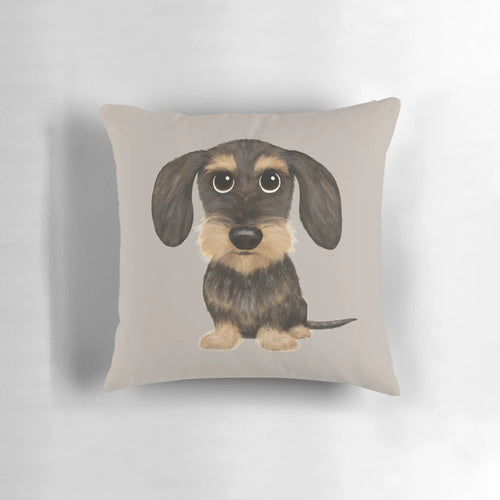 Soft, plush pillow featuring a wirehaired dachshund or wire haired weiner dog in a tan and brown color scheme.