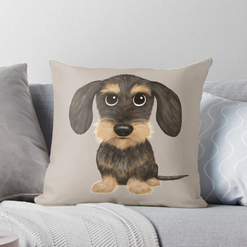 Soft, plush pillow featuring a wirehaired dachshund or wire haired weiner dog in a tan and brown color scheme.