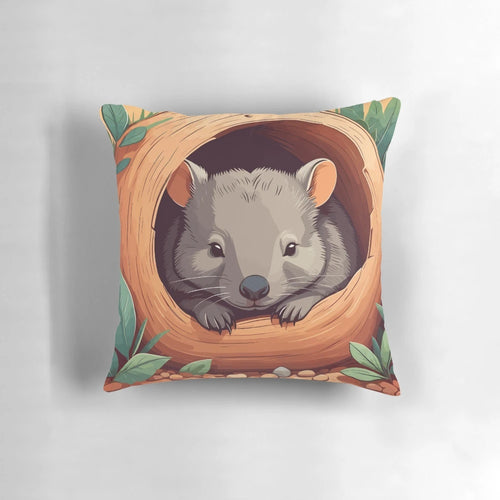 A decorative throw pillow featuring a cute, cartoon-style illustration of a wombat, a beloved Australian marsupial.