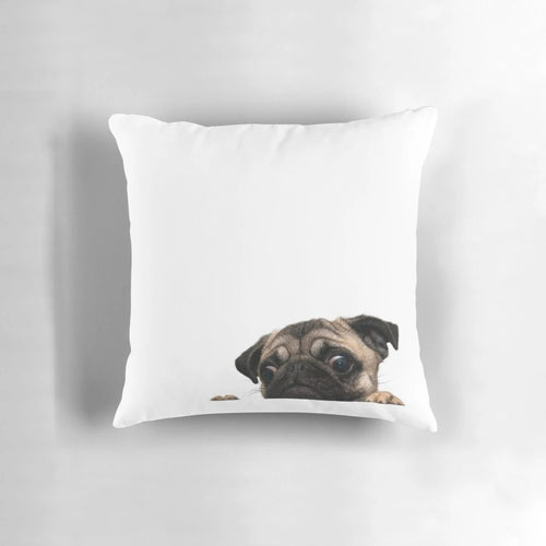 Close-up of a worried-looking pug dog on a plush pillow