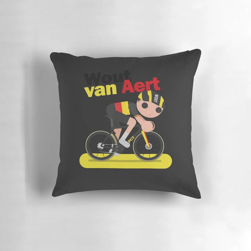 A soft, plush pillow featuring a cartoon image of Belgian professional cyclist Wout van Aert.