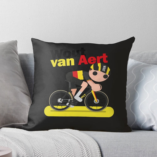 A soft, plush pillow featuring a cartoon image of Belgian professional cyclist Wout van Aert.