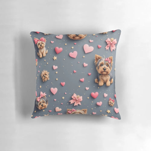 A 3D illustration of Yorkshire Terriers wearing bows and ribbons, surrounded by hearts and stars, on a whimsical background.