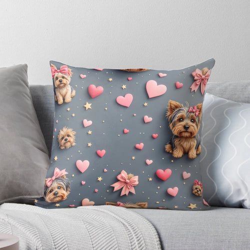 A 3D illustration of Yorkshire Terriers wearing bows and ribbons, surrounded by hearts and stars, on a whimsical background.