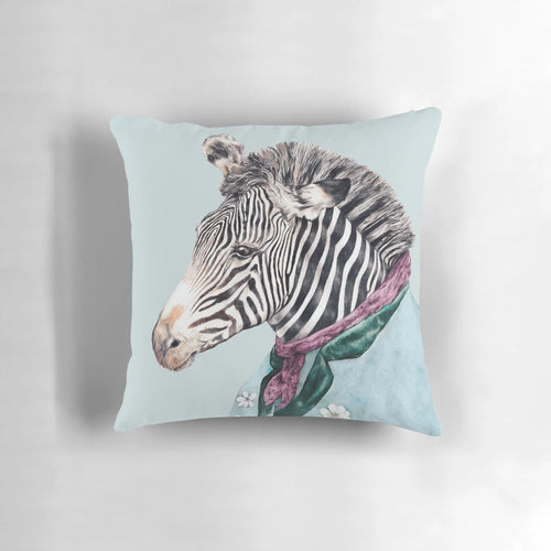 Vibrant blue and white zebra animal portrait illustration on a decorative pillow