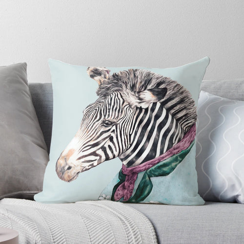 Vibrant blue and white zebra animal portrait illustration on a decorative pillow