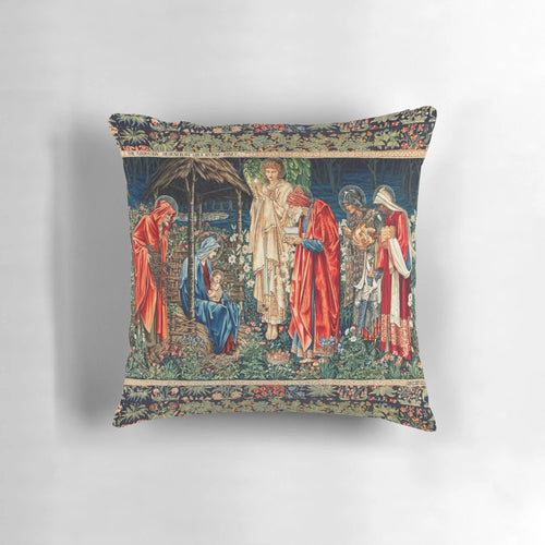 Adoration of the Magi Christmas tapestry pillow featuring a nativity scene designed by William Morris and Burne-Jones.