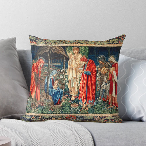 Adoration of the Magi Christmas tapestry pillow featuring a nativity scene designed by William Morris and Burne-Jones.