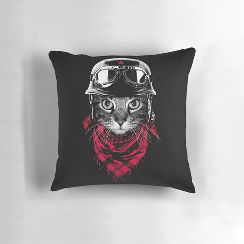 Adorable pillow featuring a cat in an adventurer hat and goggles, perfect for cat lovers and decor enthusiasts.