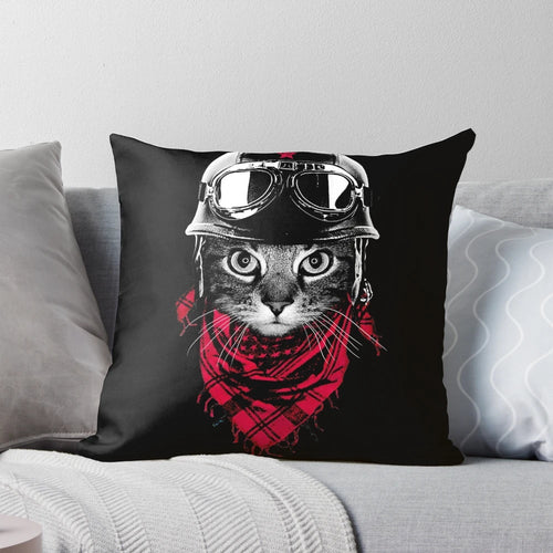 Adorable pillow featuring a cat in an adventurer hat and goggles, perfect for cat lovers and decor enthusiasts.