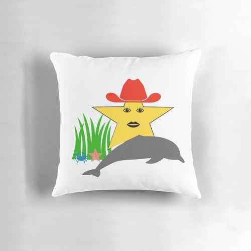 Colorful pillow featuring a cowgirl design with ocean, dolphin, star, and funny elements