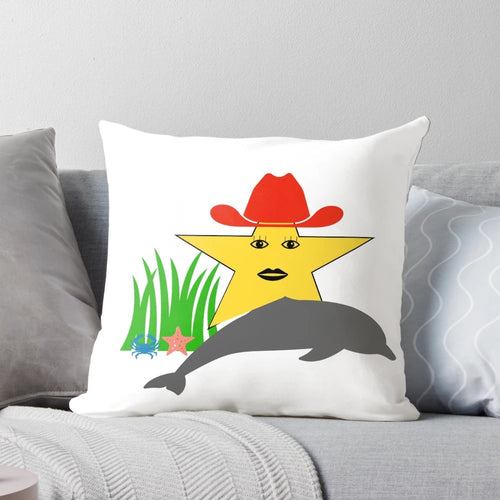 Colorful pillow featuring a cowgirl design with ocean, dolphin, star, and funny elements