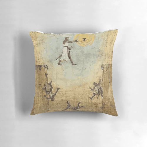 Decorative pillow featuring a "jump of faith" design inspired by Indiana Jones and the Holy Grail