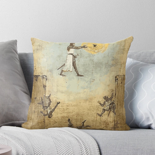 Decorative pillow featuring a "jump of faith" design inspired by Indiana Jones and the Holy Grail
